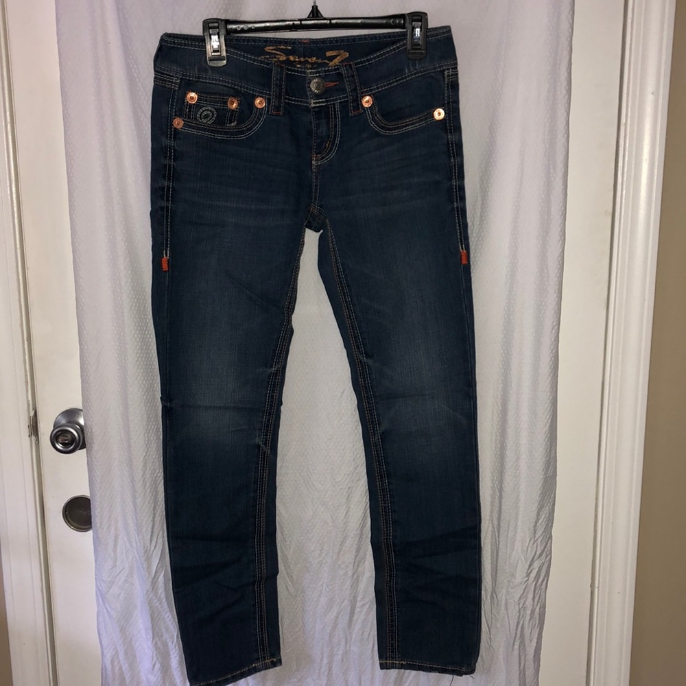Seven7 Jeans, Skinny, Size 28, Dark Wash with white and orange stitching